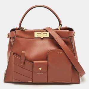 Pre Owned Fendi Dark Brown Leather Medium Pocket Peekaboo Top Handle Bag