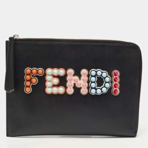 Pre Owned Fendi Black Leather Studded Logo Zip Pouch
