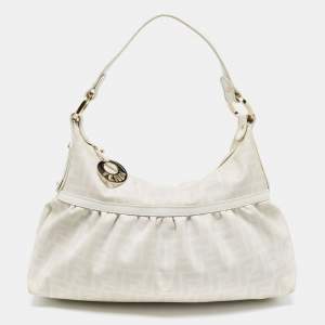 Pre Owned Fendi Off White/Grey Zucca Coated Canvas and Leather Chef Hobo