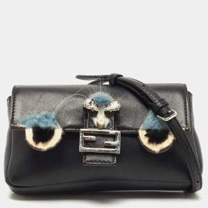 Pre Owned Fendi Black Leather and Fur Micro Monster Baguette Bag