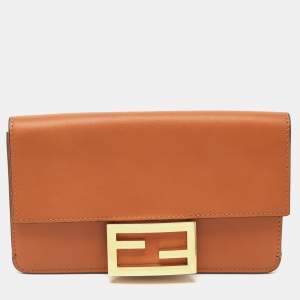 Fendi Brown Leather FF Flat Baguette Clutch