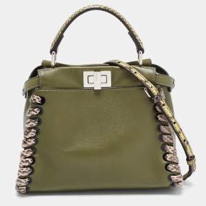 Pre Owned Fendi Olive Green Leather and Python Mini Whipstitch Peekaboo Top Handle Bag