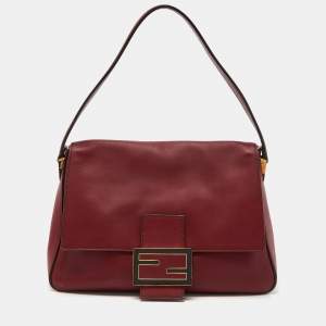 Pre Owned Fendi Dark Red Leather Big Mamma Forever Baguette Bag