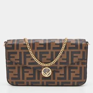 Pre Owned Fendi Tobacco/Black Zucca Leather Small FF Wallet On Chain