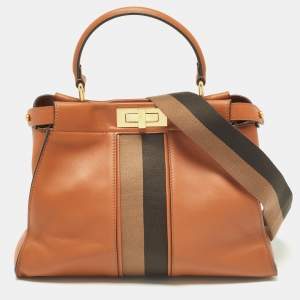Pre Owned Fendi Brown Leather Medium Stripe Peekaboo Top Handle Bag