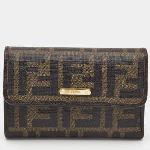 Pre Owned Fendi Dark Brown Zucca Coated Canvas Logo Trifold Wallet
