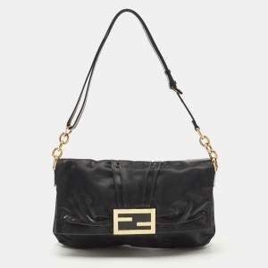 Pre Owned Fendi Black Pleated Coated Nylon Mia Flap Shoulder Bag