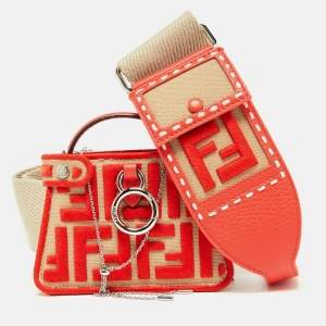 Pre Owned Fendi Red/Beige FF Canvas and Leather Pico Peekaboo Charm Bag