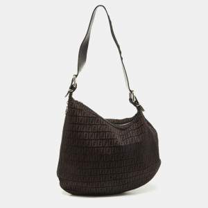 Pre Owned Fendi Brown/Black Zucchino Canvas and Leather Oyster Hobo