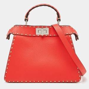 Pre Owned Fendi Red Selleria Leather Small Peekaboo ISeeU Top Handle Bag