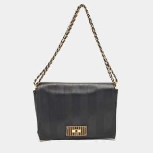 Pre Owned Fendi Black Pequin Stripe Leather Large Claudia Shoulder Bag