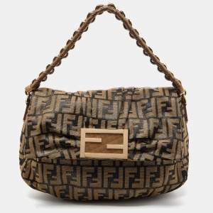 Pre Owned Fendi Gold/Black Zucca Canvas and Leather Mia Flap Bag