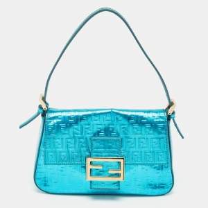 Fendi Blue Metallic Zucchino Laminated Leather Baguette Bag
