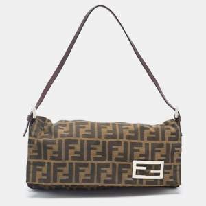 Fendi Tobacco Zucca Canvas and Leather Logo Flap Baguette Bag