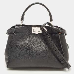 Pre Owned Fendi Black Selleria Leather Mini Peekaboo Top Handle Bag