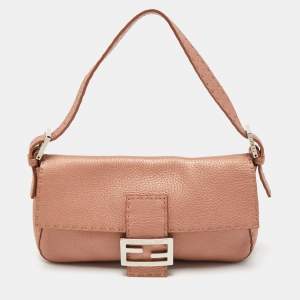 Fendi Old Rose Selleria Leather FF Flap Baguette Bag