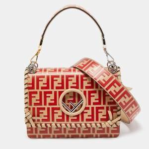 Pre Owned Fendi Red/Beige Leather Kan I F Logo Shoulder Bag