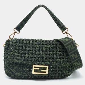 Pre Owned Fendi Green Jacquard Woven Fabric Medium Baguette Bag