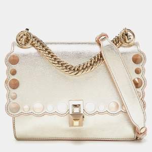 Pre Owned Fendi Gold Leather Small Scalloped Kan I Shoulder Bag