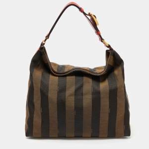 Pre Owned Fendi Tobacco/Red Pequin Stripe Canvas and Leather Hobo