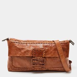 Pre Owned Fendi Brown Whipstitch Leather Baguette Fap Shoulder Bag