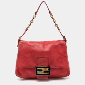 Pre Owned Fendi Red Shimmer Leather Mama Forever Shoulder Bag