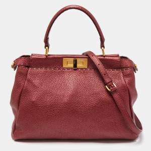 Pre Owned Fendi Metallic Burgundy Selleria Leather Regular Peekaboo Top Handle Bag