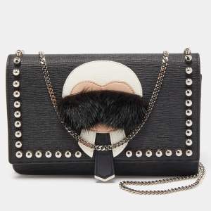 Pre Owned Fendi Black Leather Studded Karlito Wallet on Chain 