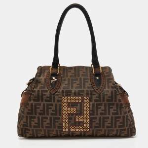 Pre Owned Fendi Tobacco Zucca Canvas and Suede Eyelet Embellished Chef De Jour Bag