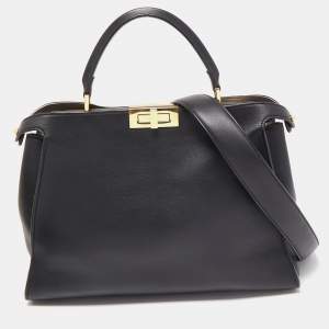 Fendi Black Leather Large Iconic Essentially Peekaboo Top Handle Bag