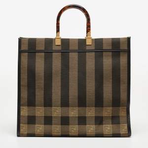 Fendi Black/Tobacco Jacquard Pequin Canvas Large Sunshine Shopper Tote