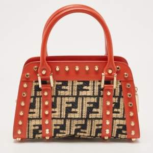 Fendi Tricolor Raffia and Leather Studded Satchel