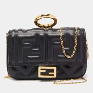 Fendi Black FF Embossed Leather Nano Baguette Charm Bag