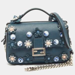 Fendi Blue Leather Micro Flowerland Double Baguette Bag