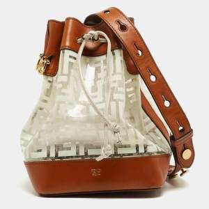 Pre Owned Fendi Brown/White Zucca Print PVC and Leather Mon Tresor Bucket Bag