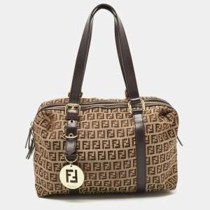 Pre Owned Fendi Ebony/Tobacco Zucchino Canvas, and Leather Bauletto Bag