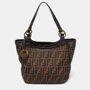 Pre Owned Fendi Tobacco Zucca Canvas and Patent Leather Chef Shopper Tote