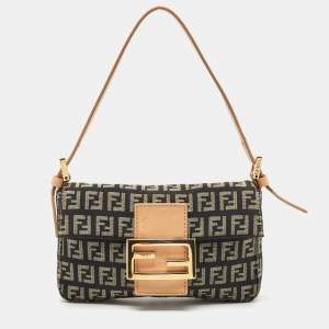 Fendi Black/Beige Zucchino Canvas and Leather Mini Baguette Pochette Bag