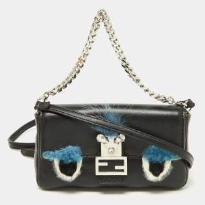 Pre Owned Fendi Multicolor Leather and Fox Fur Micro Buggie Baguette Bag