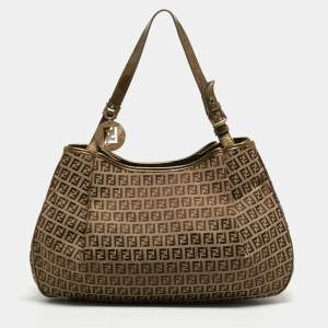 Fendi Olive Green/Beige Zucchino Canvas and Patent Leather Shopper Tote