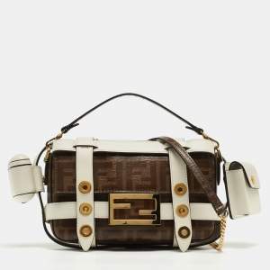 Fendi Brown/White Zucca Coated Canvas and Leather Mini Cage Baguette Bag