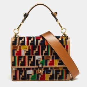 Pre Owned Fendi Multicolor Zucca Velvet and Leather Kan I Shoulder Bag