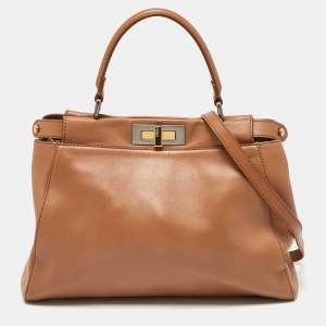 Pre Owned Fendi Beige Leather Medium Peekaboo Top Handle Bag