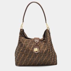 Pre Owned Fendi Tobacco Zucca Canvas and Leather Clasp Shoulder Bag