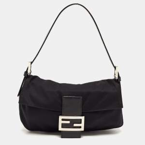 Fendi Black Fabric and Leather Flap Baguette Bag