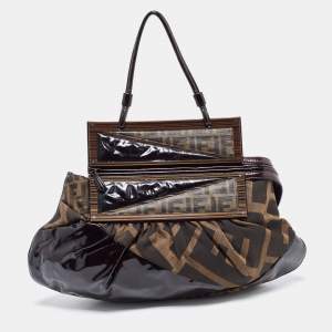 Pre Owned Fendi Tobacco Zucca Canvas and Patent Leather To You Convertible Clutch Bag