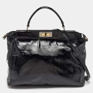 Pre Owned Fendi Black Patent Leather Large Peekaboo Top Handle Bag