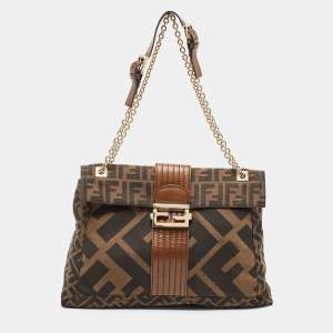 Fendi Tobacco Zucca Canvas and Leather Maxi Baguette Flap Shoulder Bag