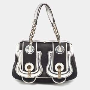 Fendi Black/Silver Canvas and Patent Leather B Shoulder Bag