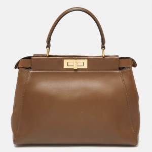 Pre Owned Fendi Brown Leather Medium Peekaboo Top Handle Bag